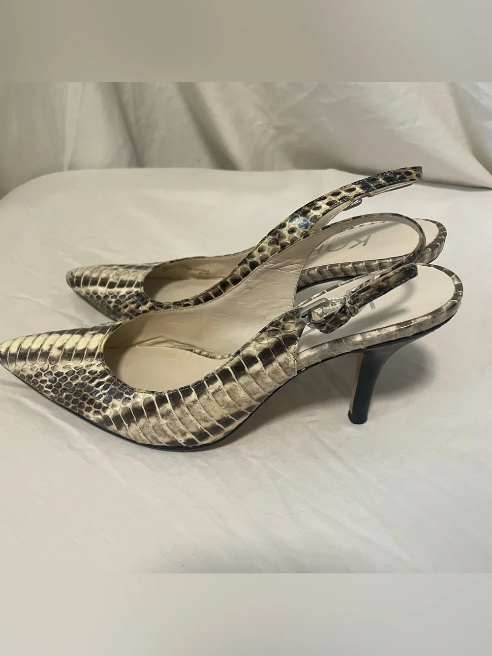 KORS Michael Kors Beige and Black Snake-Print Slingback Pumps